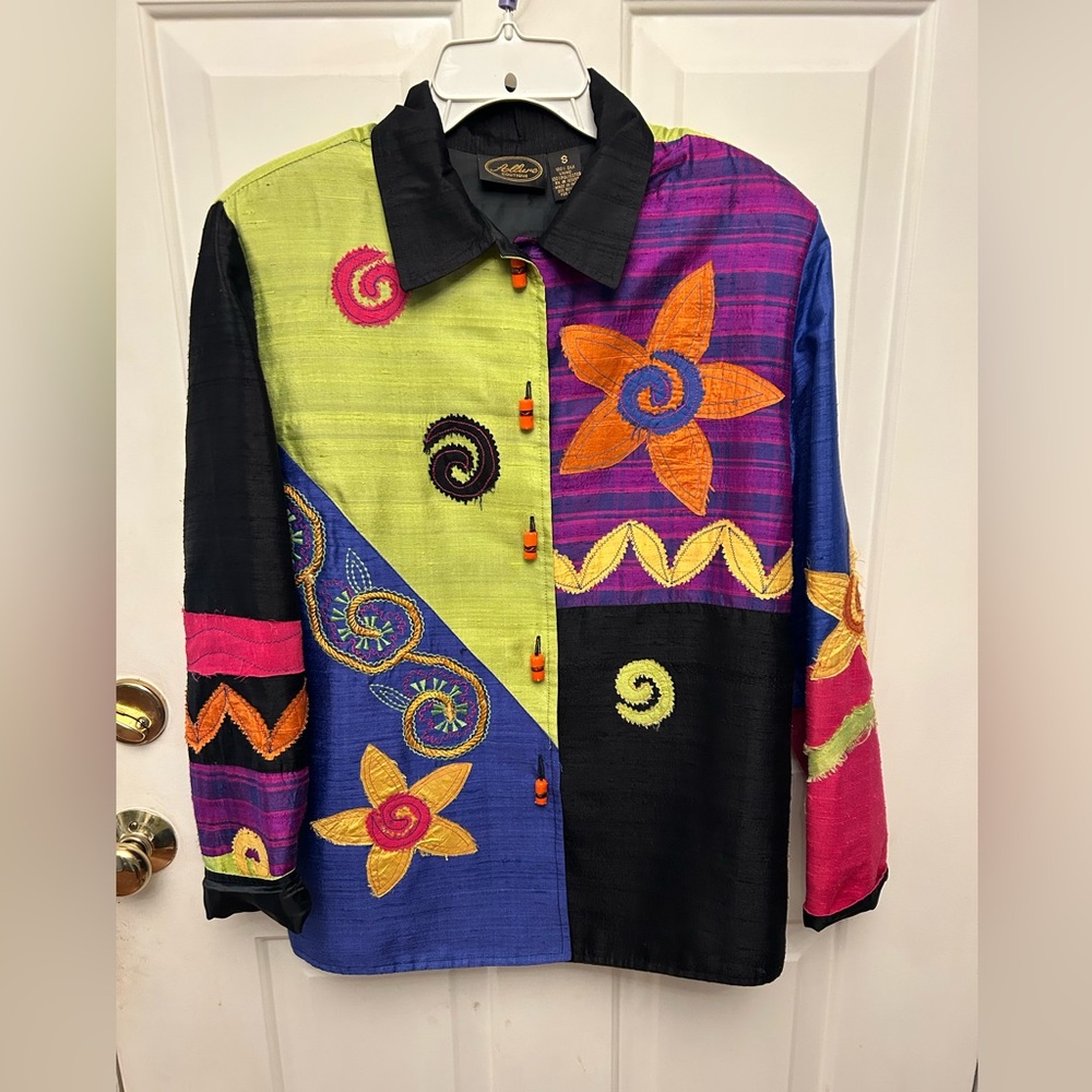 Silk Jacket/Shirt. Unique colorful designs black background Size S